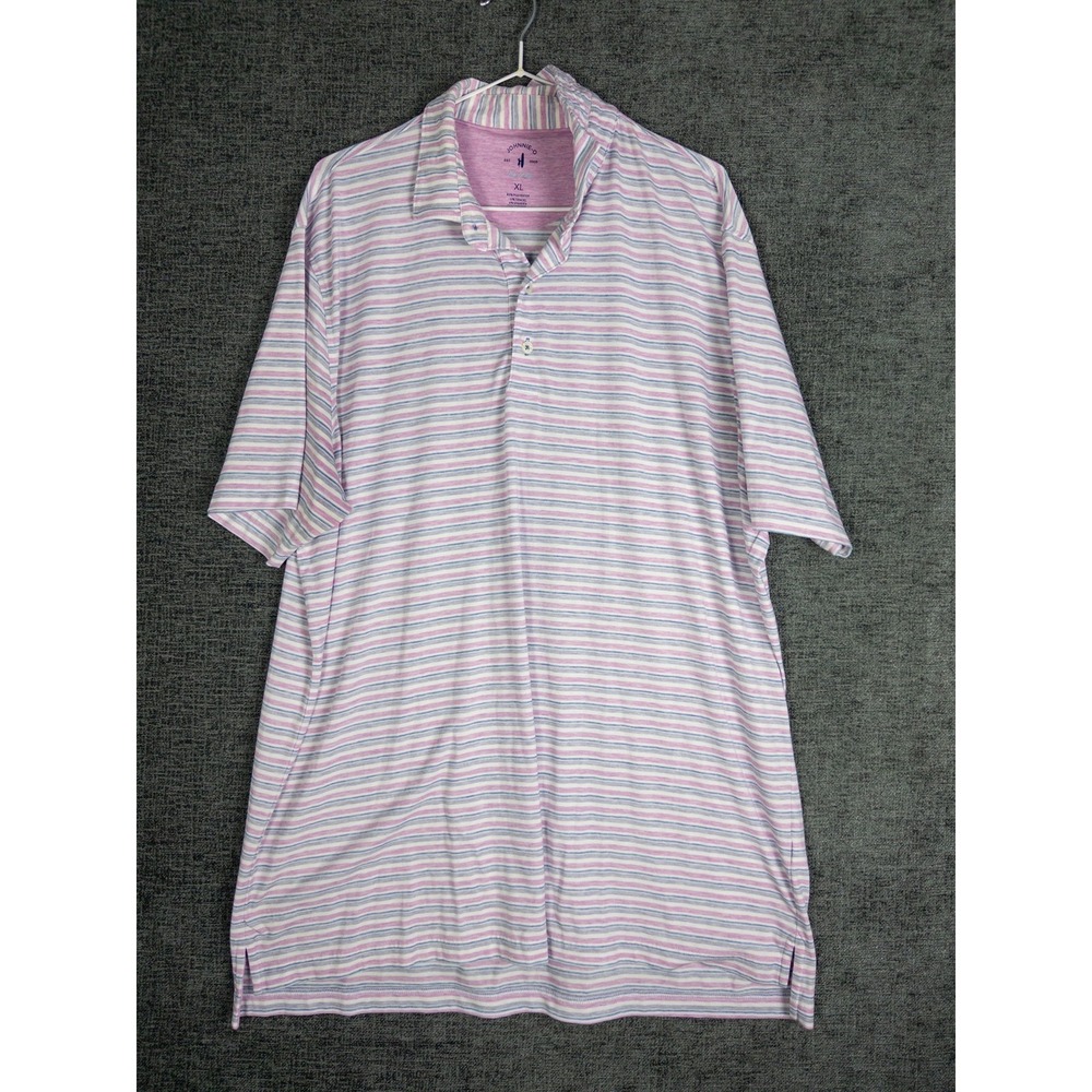 Johnnie-O Top Shelf Polo Shirt Mens XL Pink Blue Striped Polyester Golf Stretch